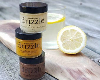 Honey Taster Trio | Drizzle Honey, Local Canadian Honey, Honey Gifts, Tea Gifts, Charcuterie, Turmeric, Cinnamon Spice, White Honey