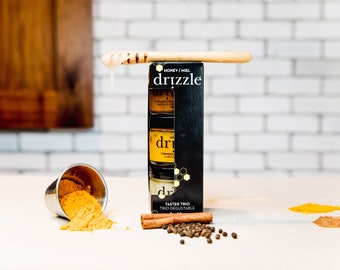 Honey Taster Trio | Drizzle Honey, Local Canadian Honey, Honey Gifts, Tea Gifts, Charcuterie, Turmeric, Cinnamon Spice, White Honey