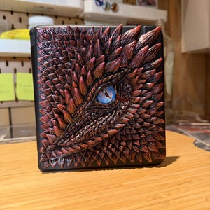 Peut inclure: Étui rectangulaire noir avec un relief détaillé de la tête d'un dragon. L'œil du dragon est d'un bleu vif, entouré d'écailles texturées brun-rouge. L'étui présente un design texturé et épineux.