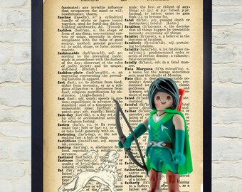 Vintage print Playmobil archer. Collage wall art, Vintage home decor, Old dictionary paper, Poster art,  Instant download, Whimsical.