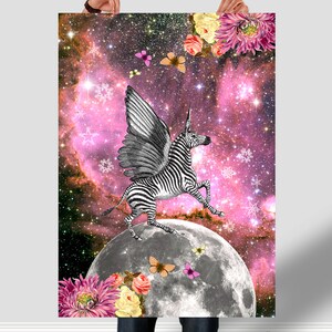 Mythology Unicorn poster, Instant download, Universe planets, Collage art, Poster 45x63 cm, fantasy animals, Pink sky, flowers, moon stars image 1