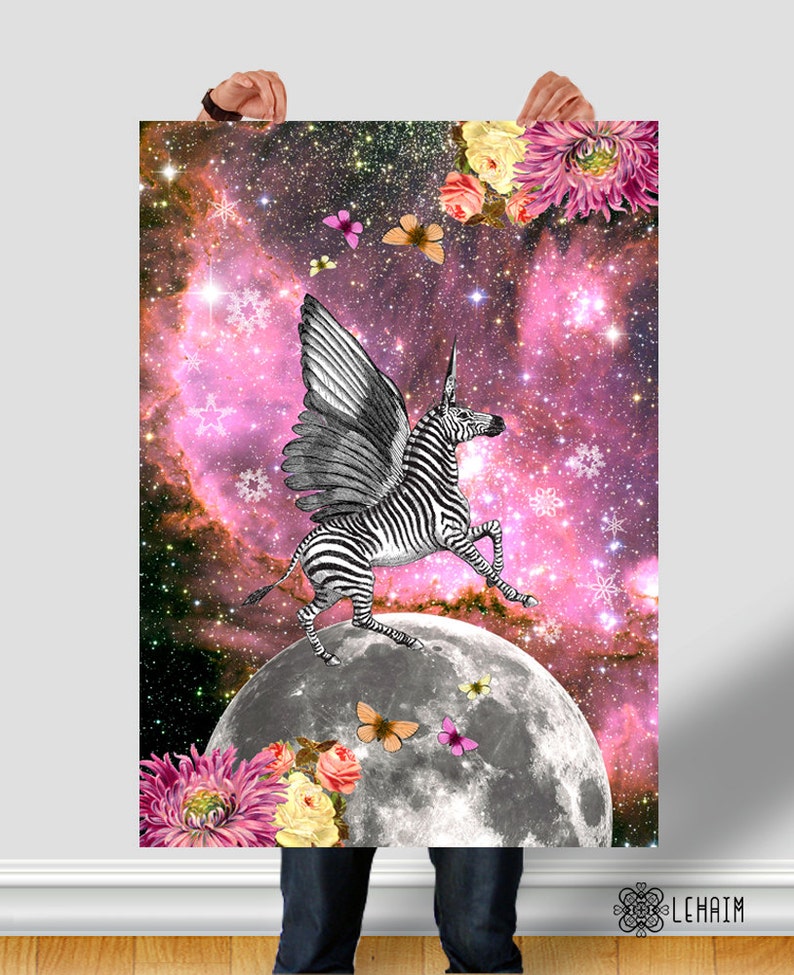 Mythology Unicorn poster, Instant download, Universe planets, Collage art, Poster 45x63 cm, fantasy animals, Pink sky, flowers, moon stars image 1