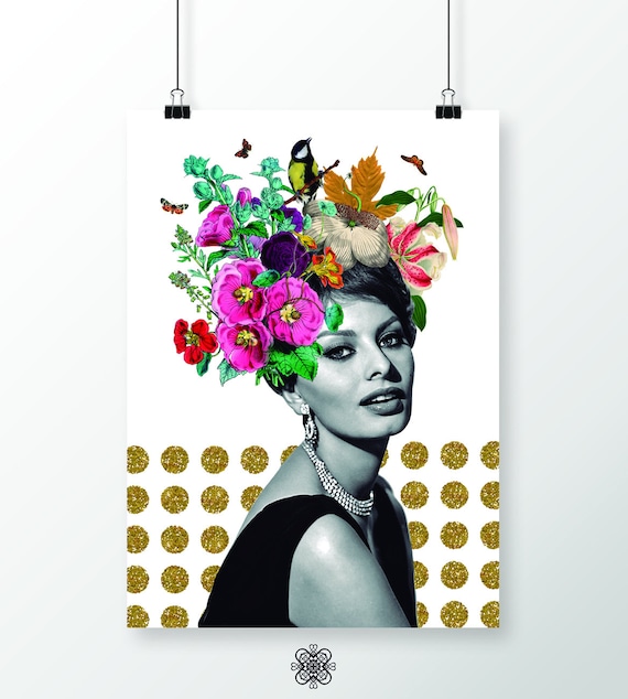 Glamour Print Sophia Loren, Poster 50x70 Cm, Instant Download, Black and  White, Vintage Movie Star, Gold Glitter, Elegant Woman, Flowers 