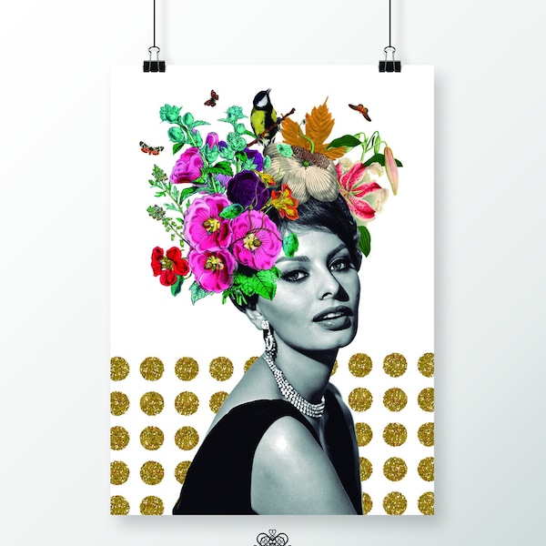 Glamour print Sophia Loren, Poster 50x70 cm, Instant download, Black and white, Vintage movie star, Gold glitter, elegant woman, flowers