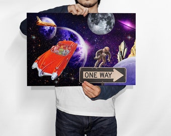 One Way Wall Decor 50x70 cm, Printable art, Sci fi astronaut, Retro art, Vintage style, Space print, Digital art, Universe planets, Cosmos