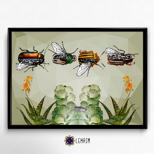 Poster 50x71 cm Beetles and Flies Instant download, Rockabilly collage, Texas Mexico decor, Cactus art, Mixed media, Succulent poster