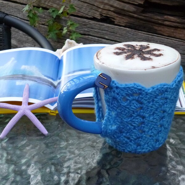 Crochet blue mug cozy with all in one coaster, cup cosy with button, coffee sleeve, teacher gift, Father's day gift