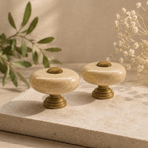 1-1/4” Vintage Speckled Cream Ceramic Knob with Brass Base – Antique Style Cabinet Drawer Pull