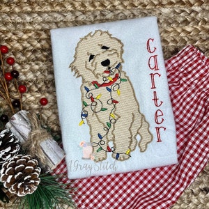 Sketch Fill Goldendoodle Dog with Christmas Lights Machine Embroidery Design
