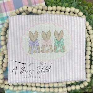 Zig Zag Stitch Applique Scallop Frame with Sketch Fill Bunny Trio with Bows Machine Embroidery Design