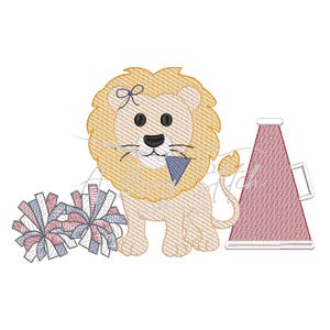 May include: An embroidered design featuring a cartoon lion with a bow, a blue and white pennant, and a red megaphone. Two pom-poms in red, white, and blue are also included. The design is suitable for cheerleading or sports-themed projects.