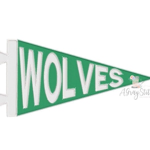 May include: A green pennant with the word "WOLVES" in white, stitched lettering. The pennant has a white border and a decorative edge. The text "A Gray Stitch" is in the lower right corner.