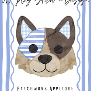 Puede incluir: Aplicación de patchwork de la cara de un perro pastor alemán. El diseño presenta telas marrones, beige y azules con patrones de rayas y cuadros. Se muestra el texto "A Gray Stitch + Design" y "Patchwork Applique German Shepherd".