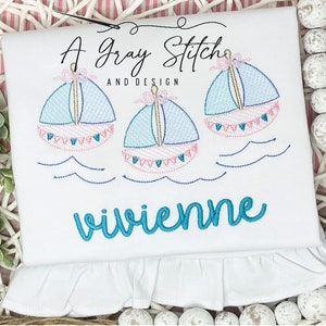 Sketch Fill Sailboat Trio with Bows on Water Machine Embroidery Nautical Girl Quick Stitch Design
