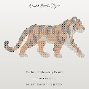 Puede incluir: Un diseño digital de bordado a máquina con un tigre en estilo punto de cruz en naranja, negro y blanco. El texto dice Cross Stitch Tiger, Machine Embroidery Design, 7 X 7 10 X 10 15 X 15 y PES DST EMB EXP HUS JEF XXX.