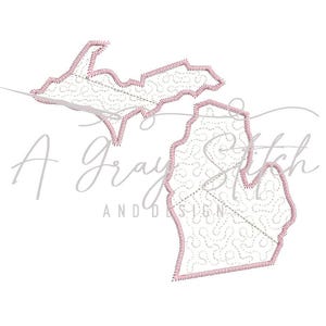 May include: A pink outline of the state of Michigan with a white interior filled with a repeating pattern of small circles and swirls.