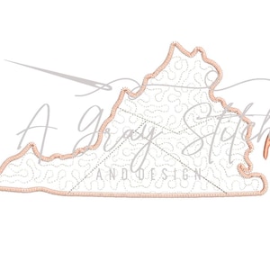 May include: An embroidered design of the state of Virginia, outlined in a peach color, with interior dotted lines. The text "A Gray Stitch AND DESIGN" is in a script font. A needle and thread are in the upper left corner.