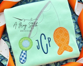 Caña de pescar con diseño de bordado de máquina de apliques en zigzag de pescado