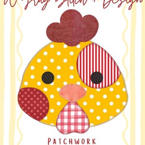 May include: A patchwork pig applique in yellow with white polka dots, red patterned and striped details, and a gingham snout. Text reads "A Gray Stitch + Design" and "Patchwork Pig Applique" on a striped background.