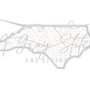 May include: A white outline of the state of North Carolina with a decorative stitch pattern inside. The outline is a light blue color. The text "A Gray Stitch and Design" is in the lower right corner of the image.
