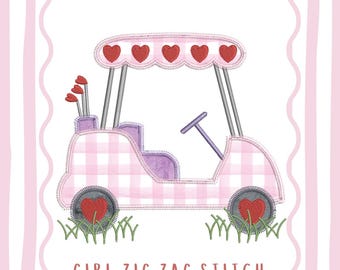 Zig Zag Stitch Applique Girl Valentine Golf Cart Machine Embroidery Quick Stitch