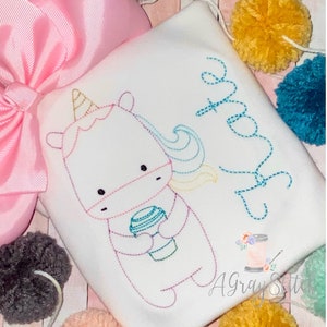 Vintage Stitch Unicorn with Latte Embroidery Design Quick Stitch