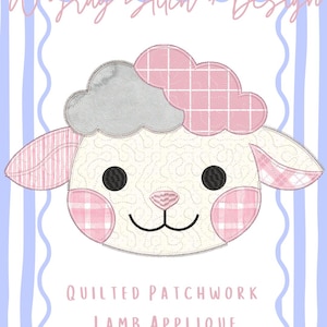 May include: A Gray Stitch + Design image featuring a quilted patchwork lamb applique. The lamb has a white face with black eyes, pink cheeks, and a pink nose. The lamb's head is topped with a gray cloud and a pink checkered cloud. The background has blue and white stripes.