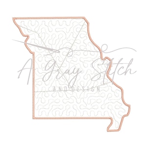 May include: A pink outline of the state of Missouri with a white interior filled with a repeating pattern of small, curved lines.