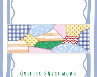 May include: A rectangular name plate with a patchwork design. The patchwork includes various patterns and colors, such as blue gingham, dotted blue, pink, yellow diamond, and red zigzags. The text "A Gray Stitch + Design" and "Quilted Patchwork Rectangle Name Plate" are also visible.