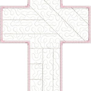 Puede incluir: Una cruz blanca con un contorno rosa y un patr&oacute;n decorativo de espirales y l&iacute;neas. La cruz es un patr&oacute;n de acolchado.