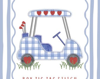 Zig Zag Stitch Applique Boy Valentine Golf Cart Machine Embroidery Quick Stitch