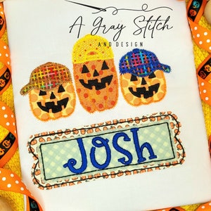 Zig Zag Applique Jack o Lantern Trio in ballcaps Machine Embroidery Design
