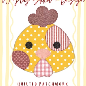 May include: A quilted patchwork pig applique with a yellow polka-dotted face, brown accents, and a pink gingham snout. The design includes the text "A Gray Stitch + Design" and "Quilted Patchwork Pig Applique" on a striped background.