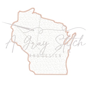 May include: A light gray embroidered outline of the state of Wisconsin, filled with a dotted pattern. The state outline is bordered with a light brown stitch. The words "A Gray Stitch AND DESIGN" are written across the image in a light gray script.