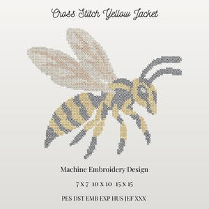 Könnte beinhalten: Ein Kreuzstichmuster einer Wespe mit gelben und dunkelgrauen Segmenten und hellbraunen Flügeln. Der Text lautet Cross Stitch Yellow Jacket, Machine Embroidery Design, 7 X 7 10 X 10 15 X 15, PES DST EMB EXP HUS JEF XXX.