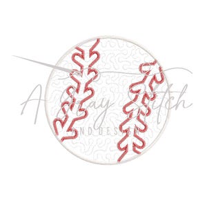 May include: White baseball with red stitching. The stitching is in the shape of a baseball seam.