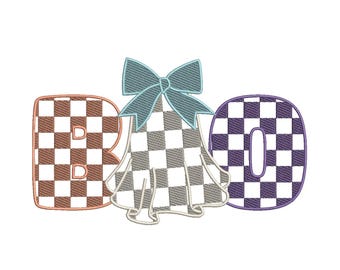 May include: An embroidered design spelling "BOO" with a ghost and bow. The letters are in a checkered pattern of brown, grey, and purple. The ghost is grey and white with a blue bow.
