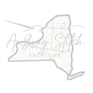 May include: A gray outline of the state of New York with a quilted pattern. The text "A Gray Stitch and Design" is written in cursive below the state.