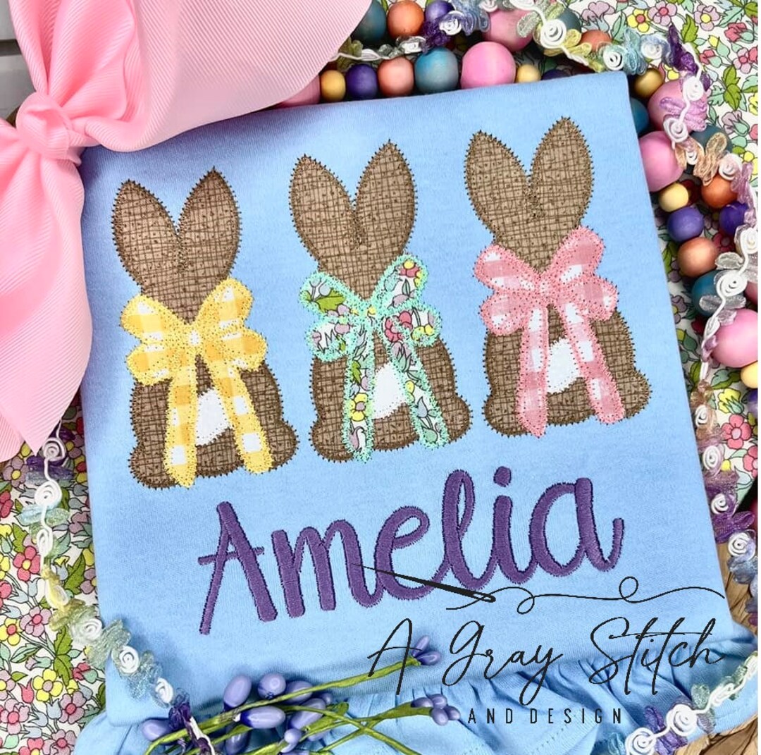 Zig Zag Stitch Applique Bunny Trio With Bows Machine Embroidery Design ...