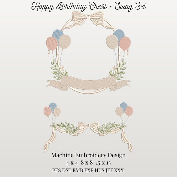 Heirloom Birthday Crest and Swag Set Vintage Machine Embroidery Design