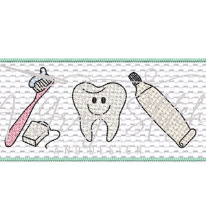 May include: A green outlined rectangle with a white background contains a cartoon tooth with a smiling face, a pink toothbrush with toothpaste, a tube of toothpaste, and a piece of floss.