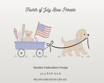 May include: An embroidered design showing a light blue wagon with a teddy bear, baseball, and American flag. A tan dog pulls the wagon with a black lead. The text "Fourth of July Bow Parade" is at the top.
