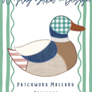 May include: Patchwork Mallard applique design featuring a duck illustration. The duck has a green plaid head, brown beak, and various fabric patterns in blue, beige, and brown. The design is framed by a white scalloped border and green striped background. Text reads "A Gray Stitch + Design".