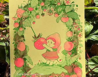 Strawberry Goblin Risograph Print – Fluorescent Pink and Green