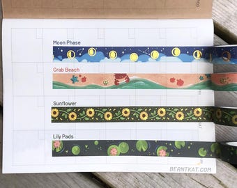 Washi Tape || Moon Phases, Crab Beach, Sunflowers, Lilypads, gold foil