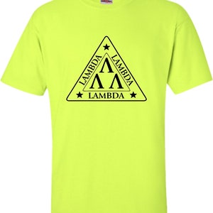 May include: A bright yellow t-shirt featuring a black triangle logo. The triangle has a star at each point and the text "Lambda" written around the outside. Inside the triangle are three black Greek letter lambdas.