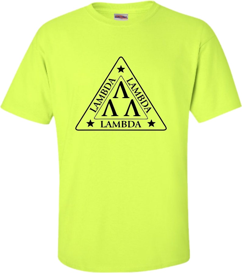 May include: A bright yellow t-shirt featuring a black triangle logo. The triangle has a star at each point and the text "Lambda" written around the outside. Inside the triangle are three black Greek letter lambdas.