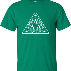 May include: A green t-shirt with a white triangle logo. The logo features the letters "Lambda" and a star on each side of the triangle.