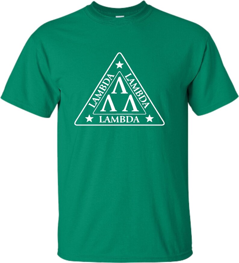 May include: A green t-shirt with a white triangle logo. The logo features the letters "Lambda" and a star on each side of the triangle.