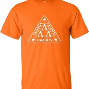 May include: Orange t-shirt with a white triangle logo featuring the text "Lambda" and the Greek letter "Lambda" repeated three times.